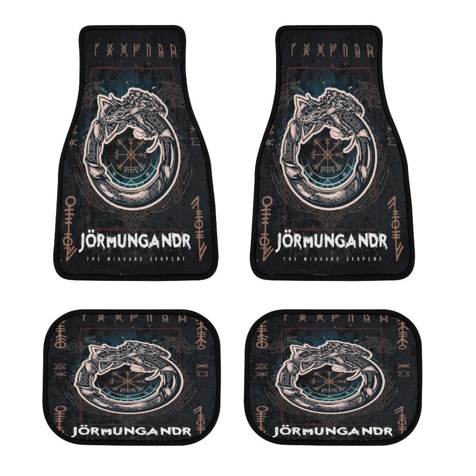 Viking Auto Fußmatten Set, Nordische Symbole und Rabenmotiv, Vollständiger Schutz für Vorder- und Rücksitze, rutschfeste Rückseite, Passend für die Meisten Autos und SUVs(Ouroboros) von LDZDGD