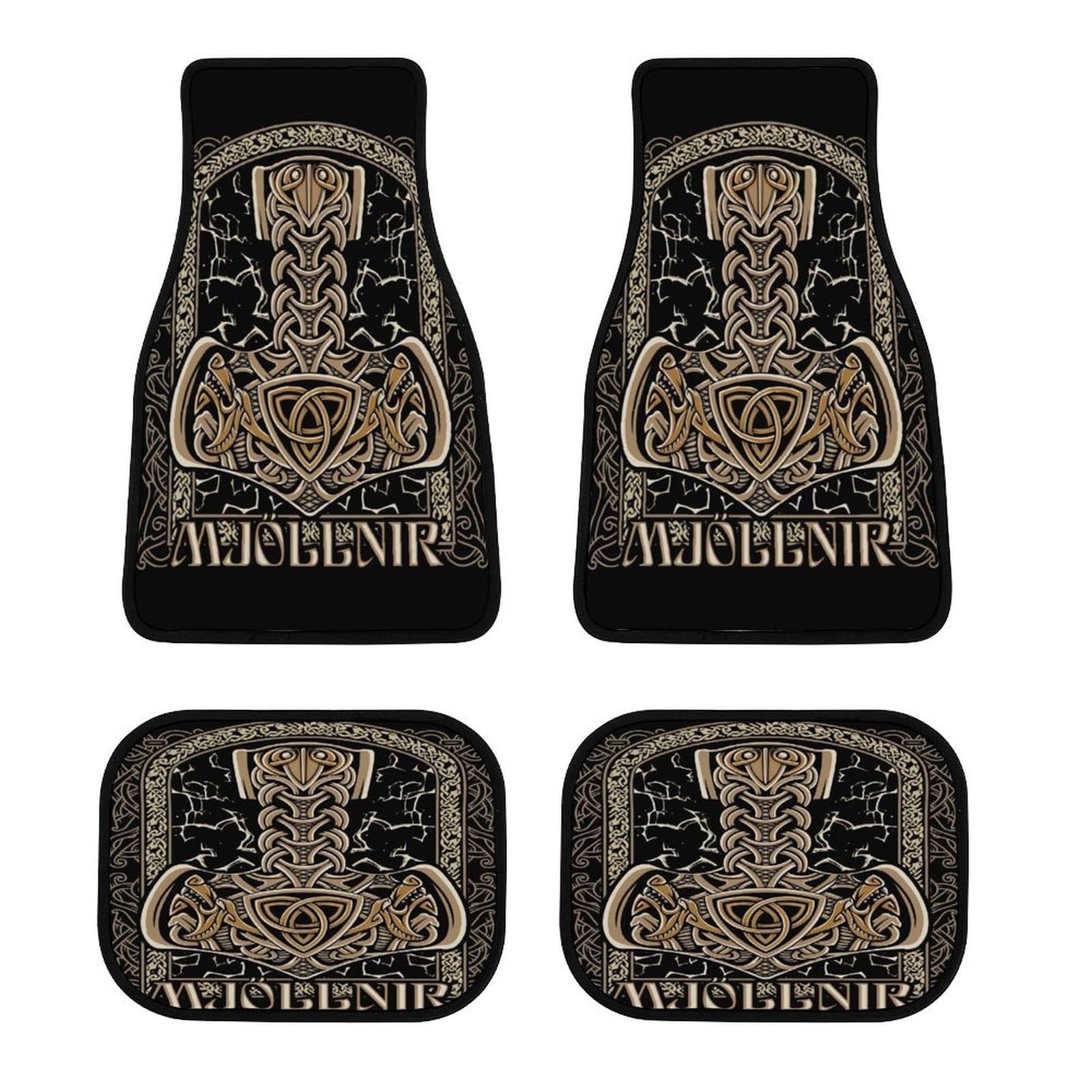 Viking Krieger Auto Fußmatten, 4-teiliges Set mit Nordischer Mythologie Design, Wasserdicht und rutschfest, Universell Passend für die Meisten Fahrzeuge, Pflegeleicht(Mjölnir 2) von LDZDGD