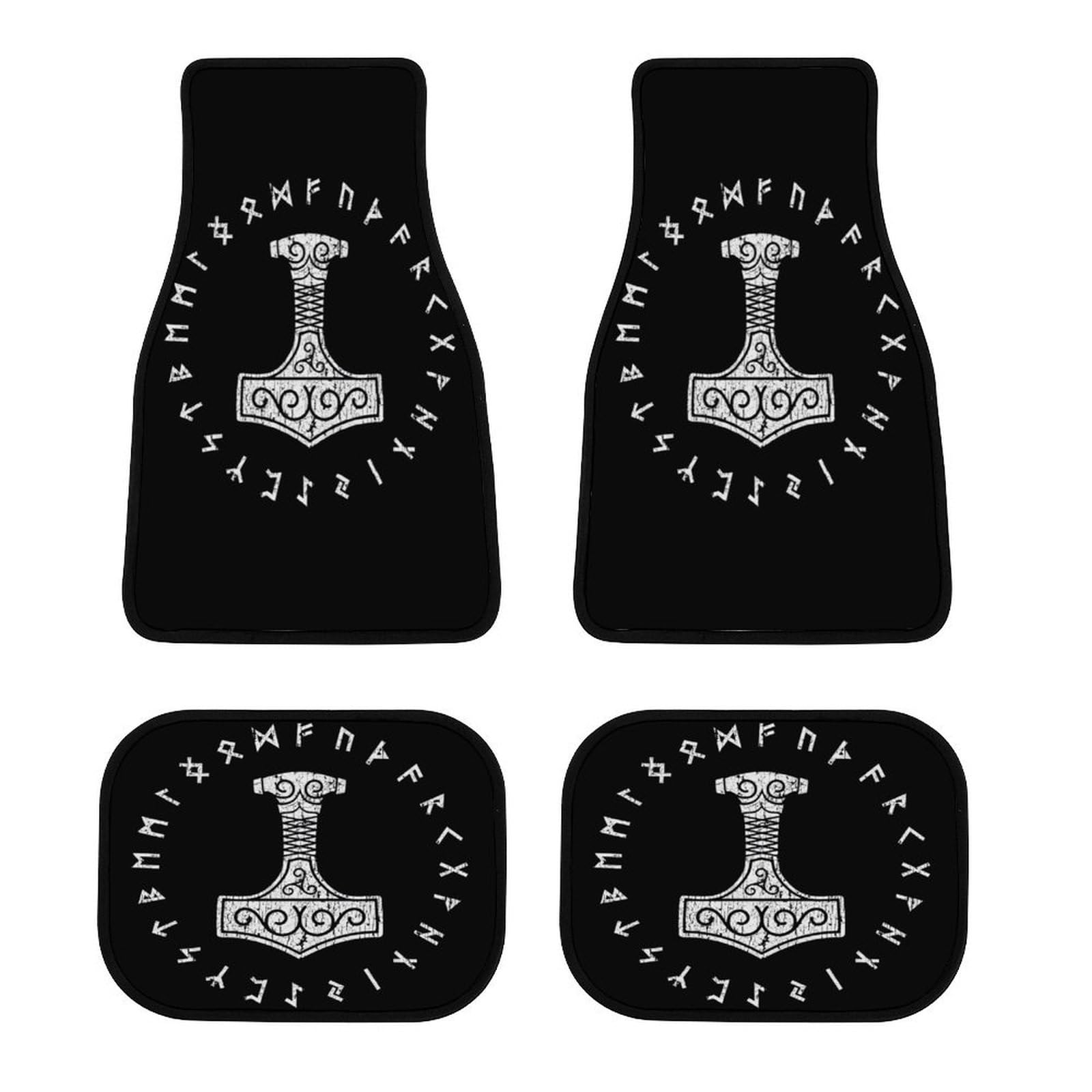 Viking Krieger Auto Fußmatten, 4-teiliges Set mit Nordischer Mythologie Design, Wasserdicht und rutschfest, Universell Passend für die Meisten Fahrzeuge, Pflegeleicht(Mjölnir 3) von LDZDGD