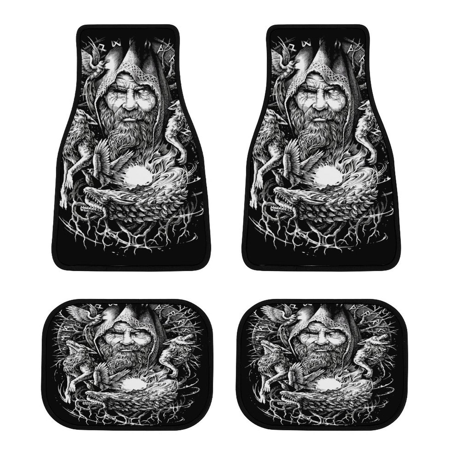 Viking Krieger Auto Fußmatten, 4-teiliges Set mit Nordischer Mythologie Design, Wasserdicht und rutschfest, Universell Passend für die Meisten Fahrzeuge, Pflegeleicht(Odin 1) von LDZDGD