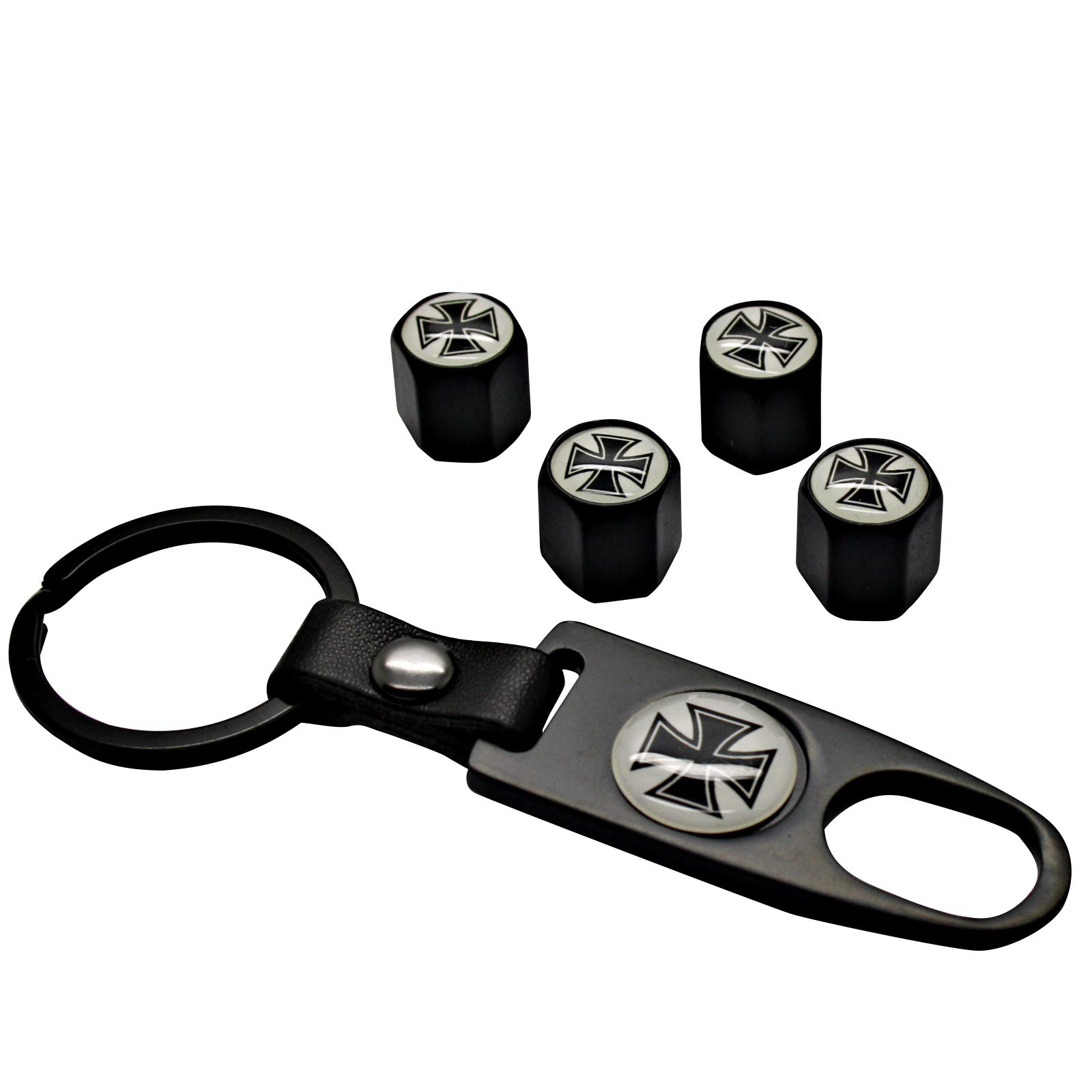 4 Ventilkappen + Schlüsselanhänger - (Eiserne Kreuz - Black) - Ventil Anhänger Schlüsselring Etui Schlüssel von LED-Mafia