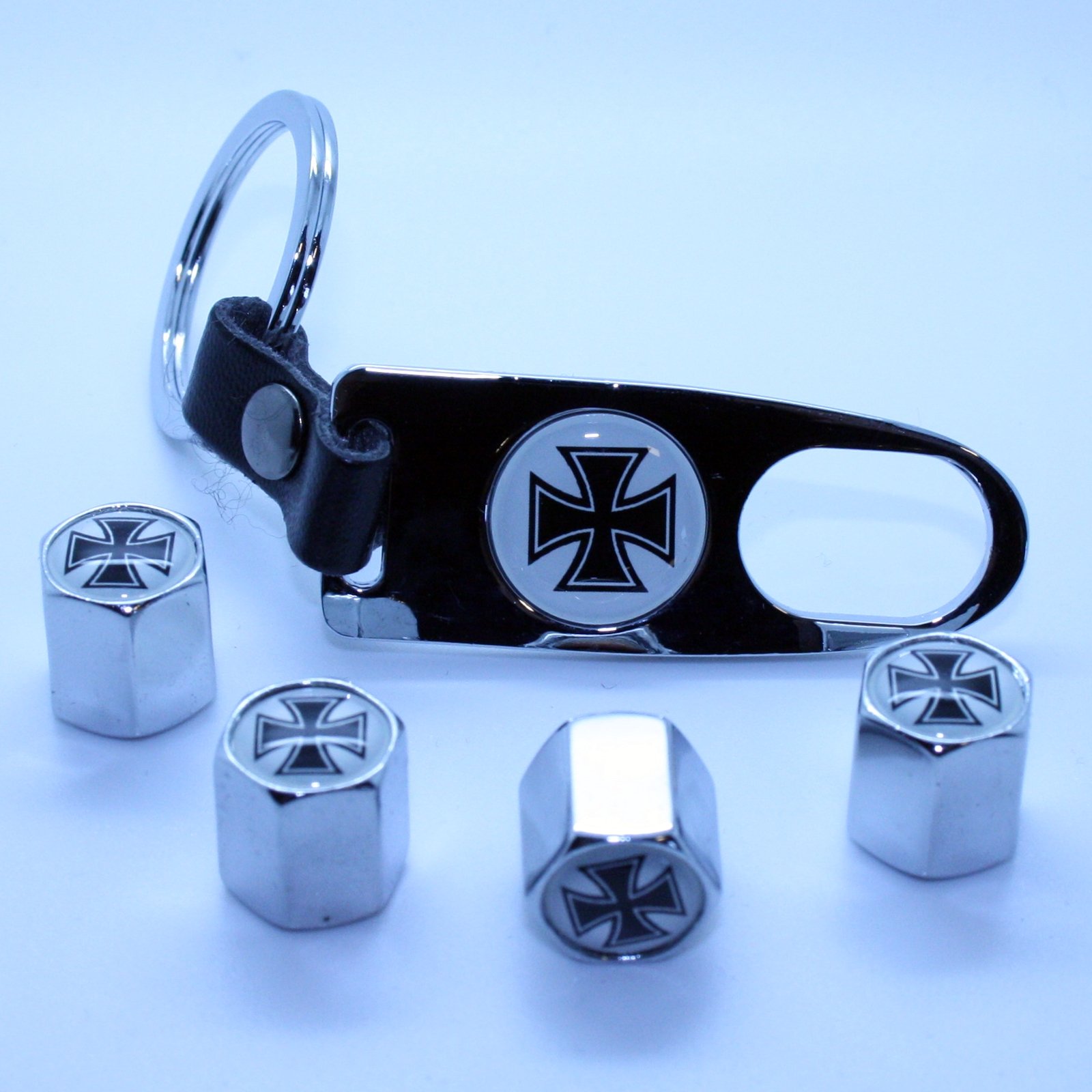 LED-Mafia 4 Ventilkappen + Schlüsselanhänger - Eiserne Kreuz in Chrom - Ventil Anhänger Schlüsselring Etui Schlüssel von LED-Mafia