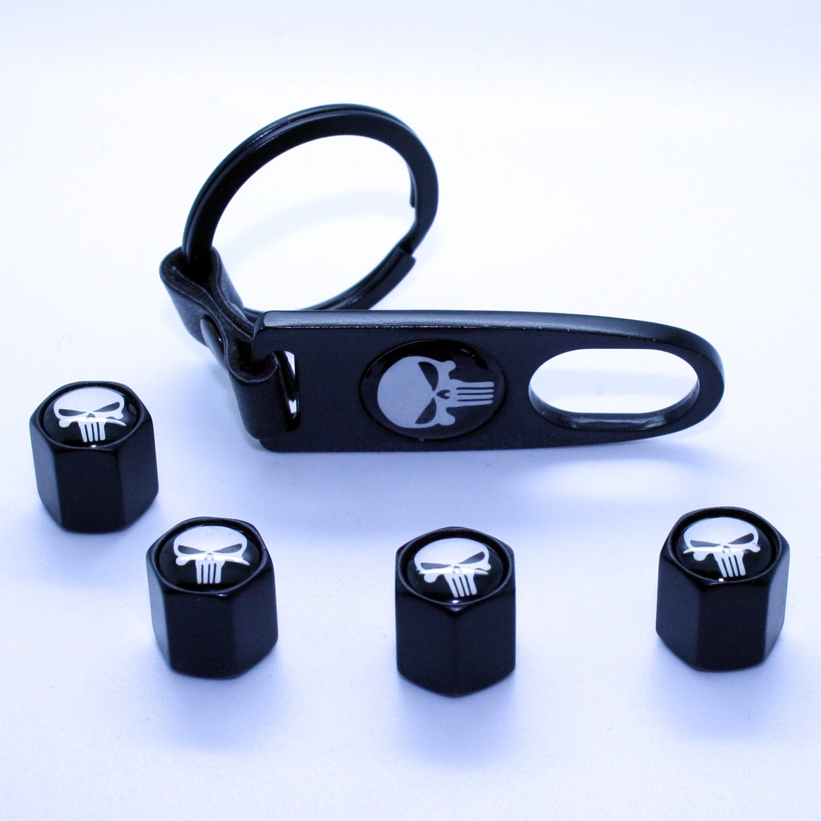 4 Ventilkappen + Schlüsselanhänger - Schädel Black - Ventil Anhänger Schlüsselring Etui Schlüssel von LED-Mafia