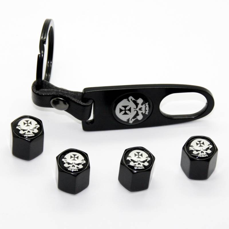 4 Ventilkappen + Schlüsselanhänger - Schädel Black - Ventil Anhänger Schlüsselring Etui Schlüssel von LED-Mafia