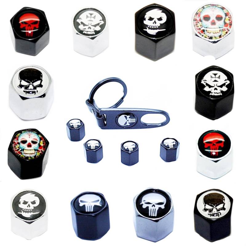 4 Ventilkappen + Schlüsselanhänger - Totenkopf Black Chrom - Ventil Anhänger Schlüsselring Etui Schlüssel (Totenkopf Chrom Red Skull) von LED-Mafia