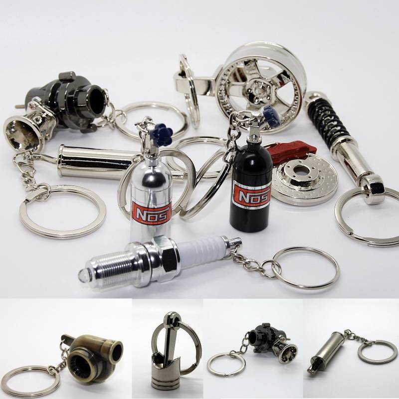 Luxus Schlüsselanhänger aus Metall - Stoßdämpfer Felge Zündkerze Hupe Kolben Rad messing Chrom gebürstet Lederband Leder Turbolader Metall Auto Boost Anhänger Schlüsselring Schlüssel (Turbo Lederband) von LED-Mafia