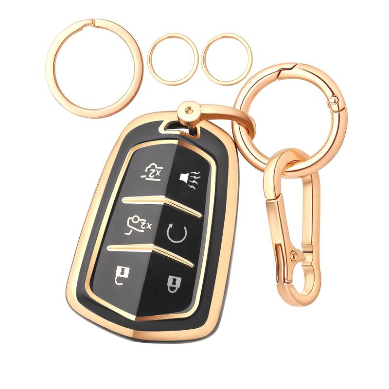 LEERLY Schlüsselanhänger Abdeckung für Cadillac Zubehör, Schlüsselhülle mit Schlüsselanhänger kompatibel mit Escalade ESV Smart Key 6 Tasten Schwarz von LEERLY