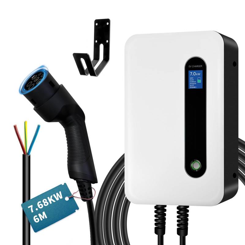 LEFANEV EV Ladegerät Typ 2 32A 7kW Heim Elektroauto Ladestation Wallbox 6M Ladekabel für alle Elektrofahrzeuge & Plug-in-Hybrid-Autos - weiß von LEFANEV