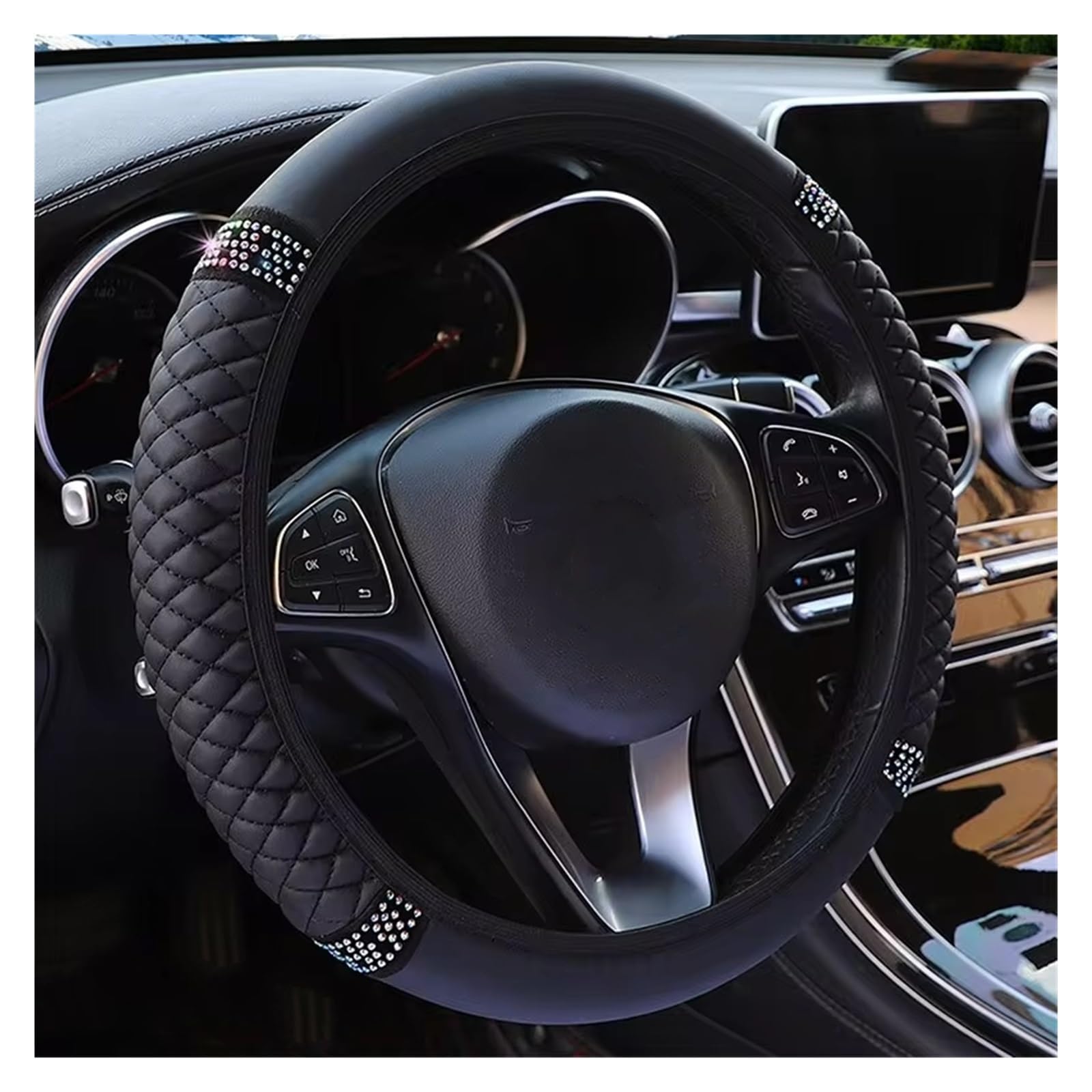 Lenkradabdeckung 37–38 cm, dreidimensionaler, mit Diamanten besetzter, atmungsaktiver, mit Leder bestickter, atmungsaktiver Auto-Lenkradbezug ohne Innenring Auto Lenkradbezug(A Black) von LEIFEIS