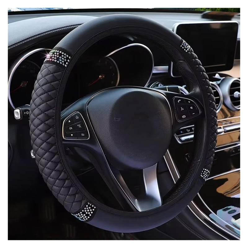 Lenkradabdeckung 37–38 cm, dreidimensionaler, mit Diamanten besetzter, atmungsaktiver, mit Leder bestickter, atmungsaktiver Auto-Lenkradbezug ohne Innenring Auto Lenkradbezug(A Black) von LEIFEIS