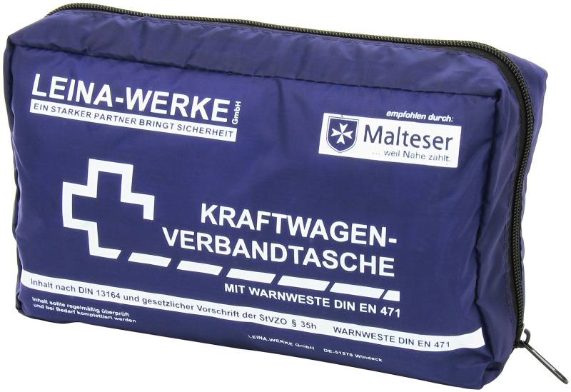 Leina-Werke 11021 KFZ-Verbandtasche Compact mit Warnweste und Klett, Blau/Weiß von LEINA-WERKE