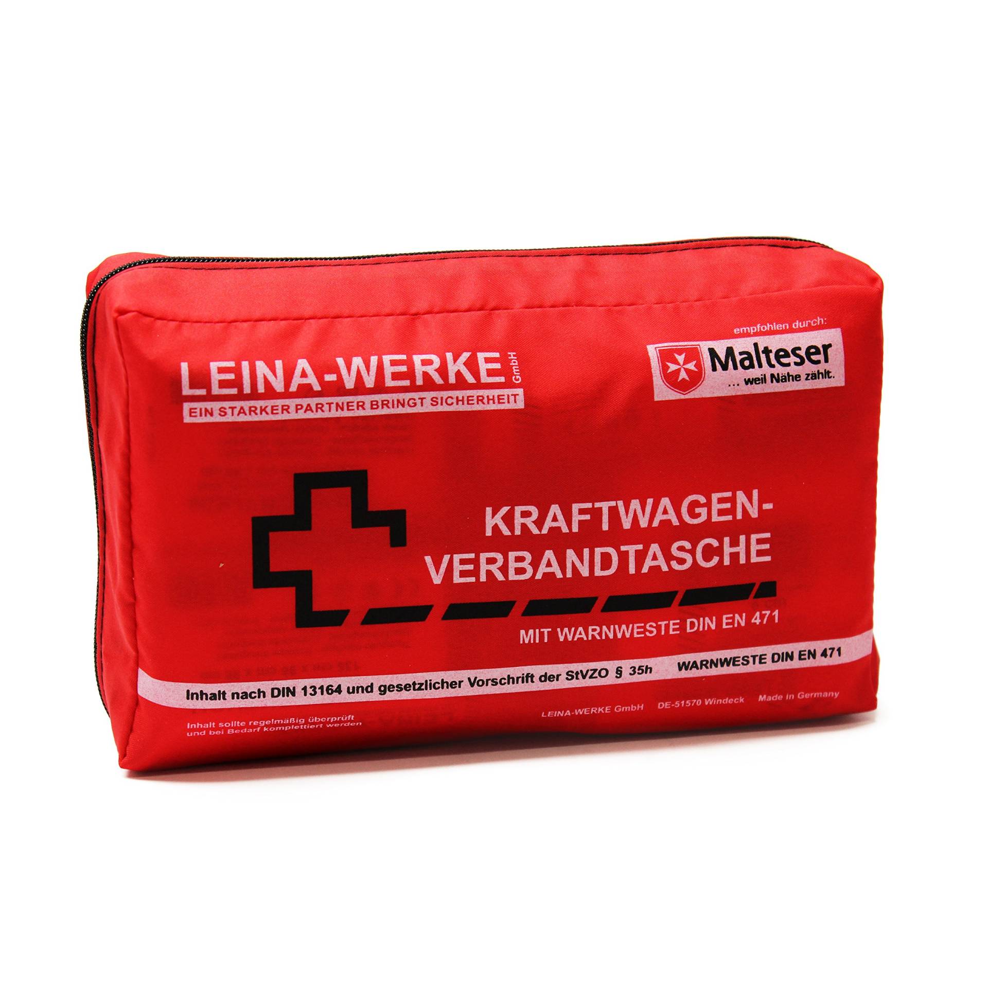 Leina-Werke 11028 KFZ-Verbandtasche Compact mit Warnweste und Klett, Rot/Schwarz/Weiß von LEINA-WERKE