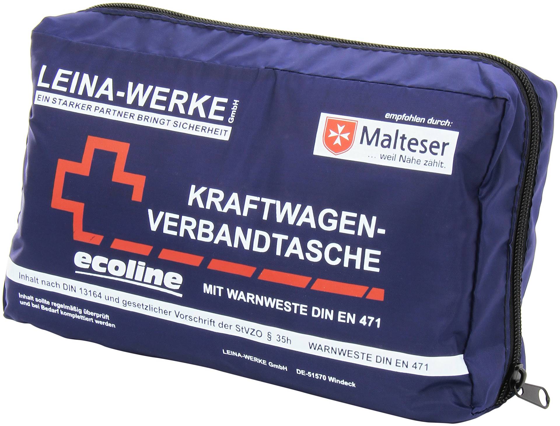 Leina-Werke 11057 KFZ-Verbandtasche Compact mit Warnweste Ecoline ohne Klett, Blau/Weiß/Rot von LEINA-WERKE