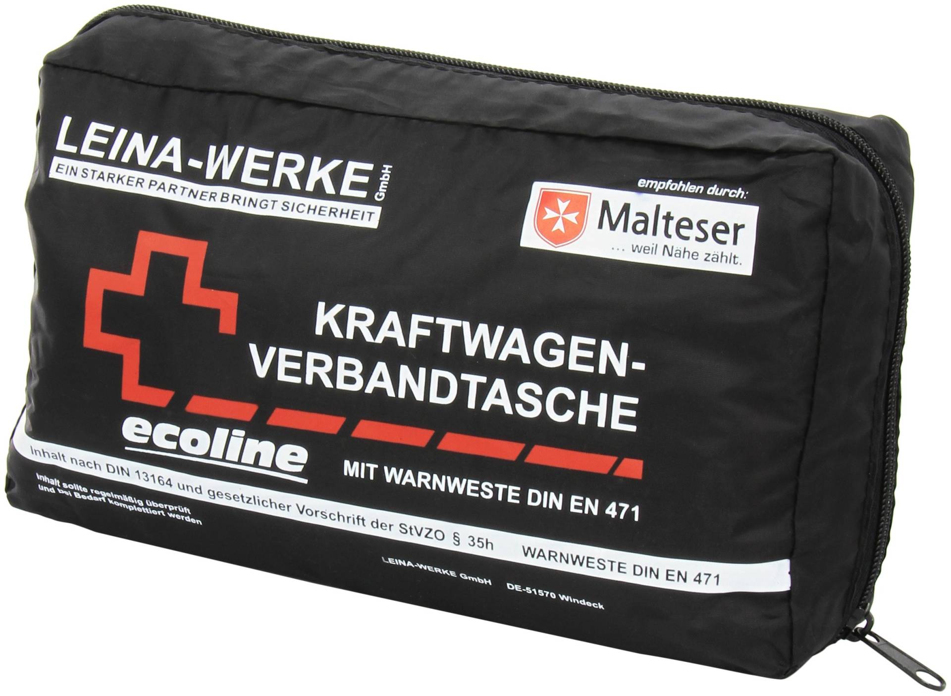 Leina-Werke 11062 KFZ-Verbandtasche Compact Ecoline mit Warnweste und Klett, Schwarz/Weiß/Rot von Leina-Werke