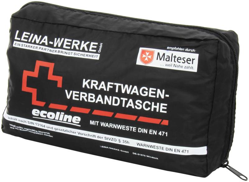 Leina-Werke 11062 KFZ-Verbandtasche Compact Ecoline mit Warnweste und Klett, Schwarz/Weiß/Rot von LEINA-WERKE