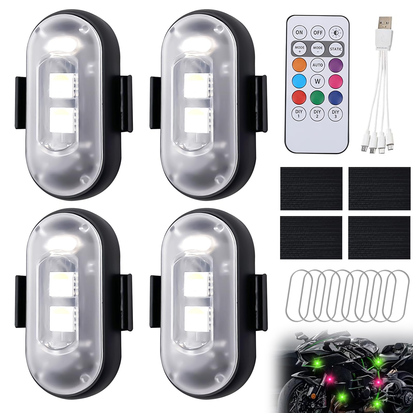LEKEFETO 4 Stück Kabellose LED Lichter Autos: 8 Farben Wasserdicht Auto Blitzlicht mit Fernbedienung, USB-Aufladung Antikollisionslichter, WirelessLED Light, Strobe Drone Light, für Motorrad, RC-Auto LEKEFETO 4 Stück Kabellose LED Lichter Autos: 8 Farben Wasserdicht Auto Blitzlicht mit Fernbedienung, USB-Aufladung Antikollisionslichter, WirelessLED Light, Strobe Drone Light, für Motorrad, RC-Auto von LEKEFETO