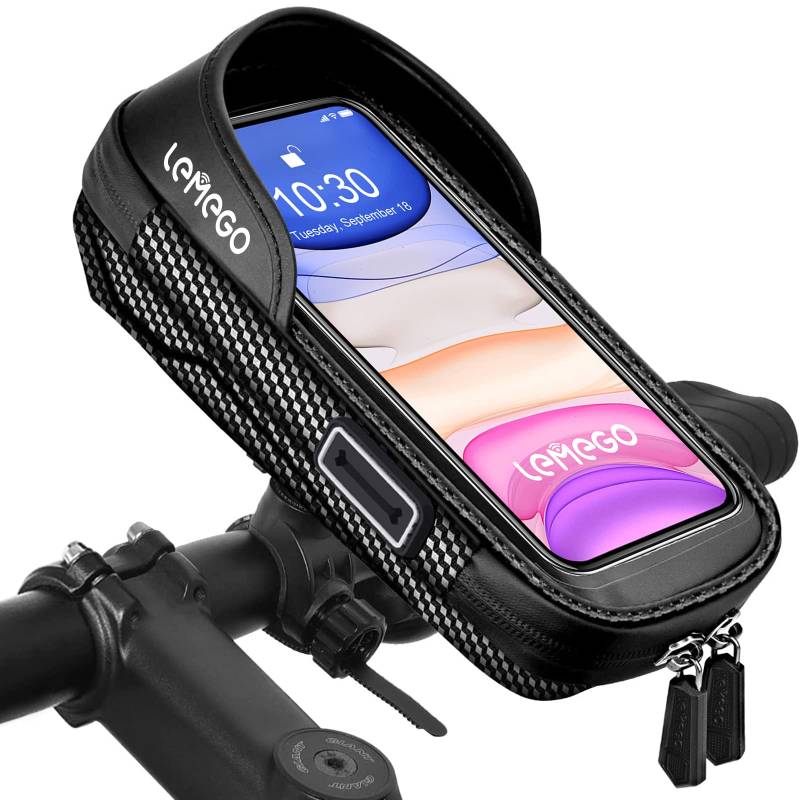 LEMEGO Fahrrad-Telefonhalterung, wasserdicht – Tasche für Fahrrad Lenker Rahmen für Telefon drehbar Fahrrad MTB Schutzhülle Telefon mit Stauraum Touchscreen unter 7 Zoll von LEMEGO