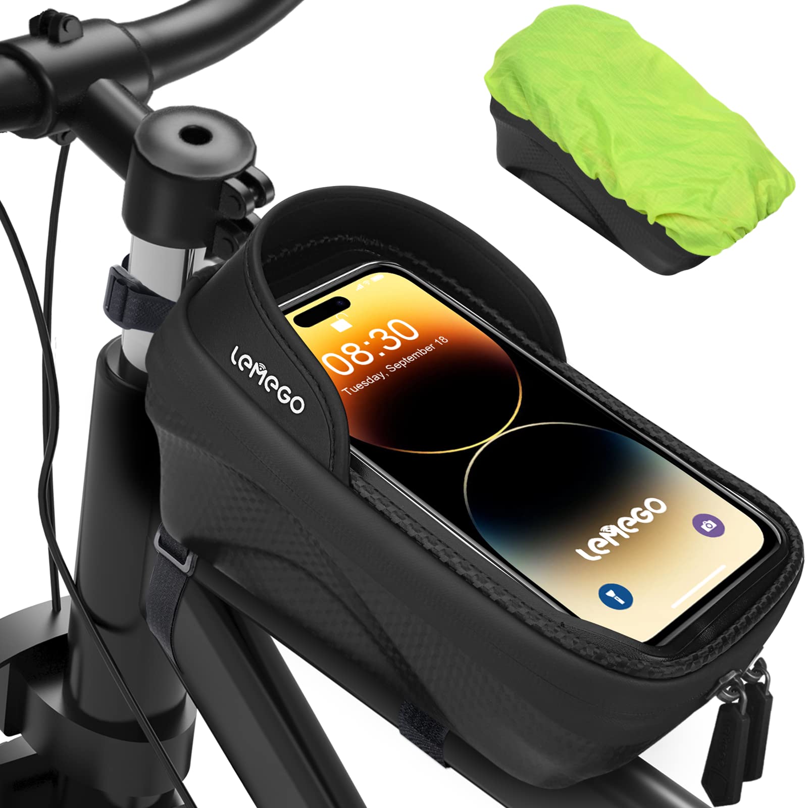Wasserdicht Rahmentasche Fahrrad Handyhalterung Fahrradtasche Rahmen Handytasche für Smartphone bis zu 7.2 Zoll mit TPU Sensitivem Touchscreen und Regenhaube Lenkertasche Oberrohrtasche Fahrradzubehör von LEMEGO