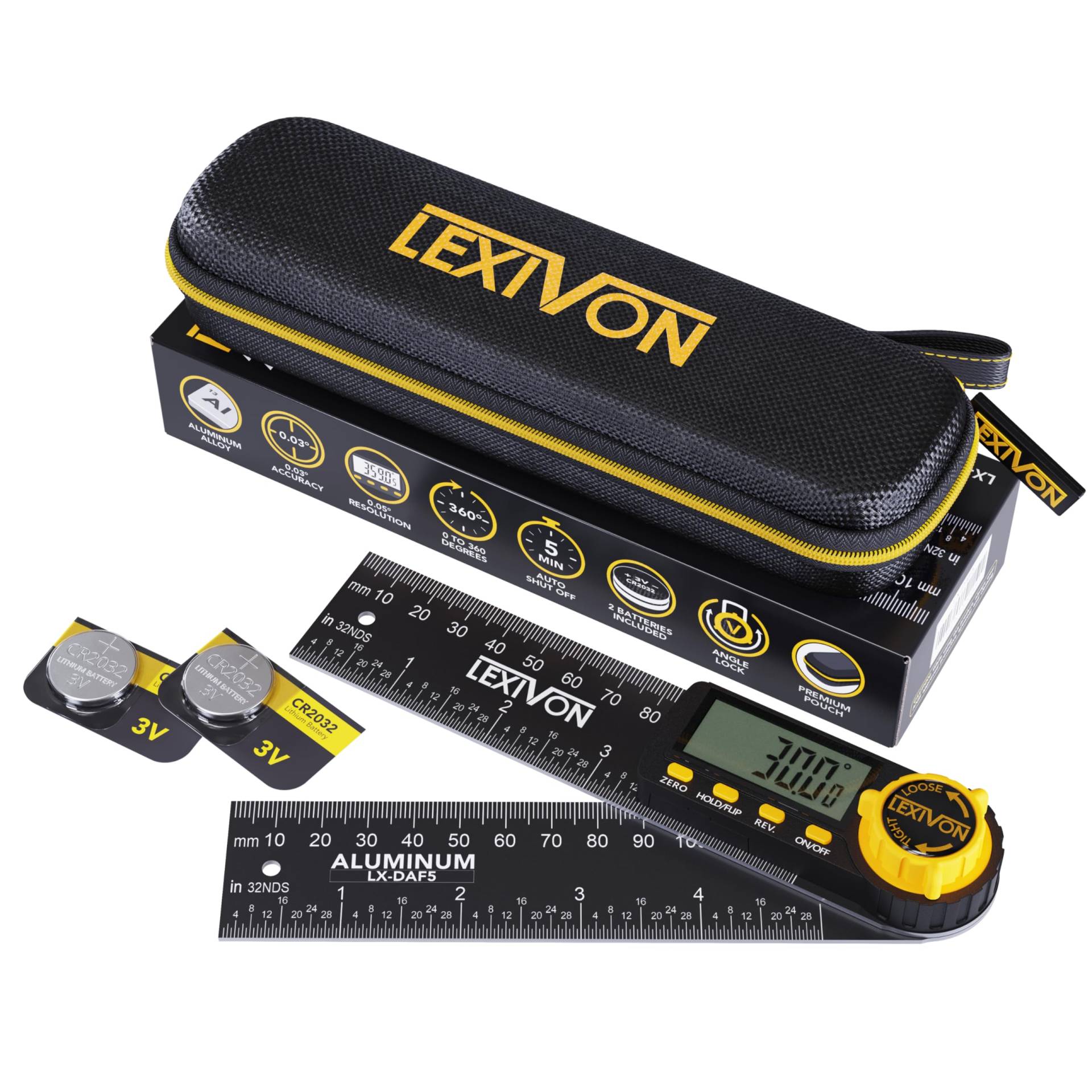 LEXIVON Digitaler Winkelmesser aus Aluminium, 130 mm, Digital Winkellehre Mehrzweck-Winkelmessgerät, inklusive XL-Display und robuster Reißverschlusstasche (LX-DAF5) von LEXIVON