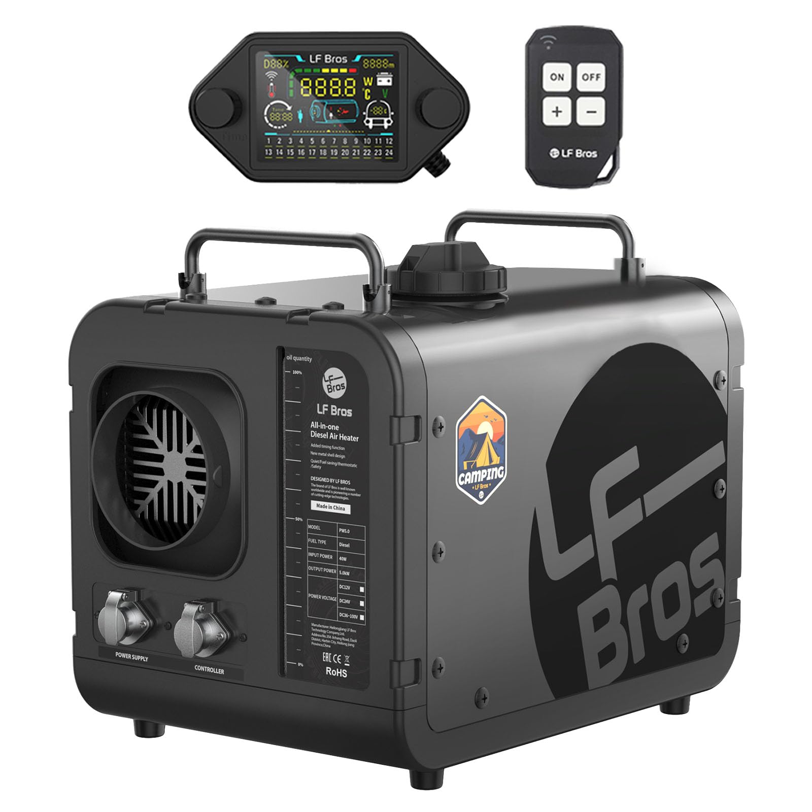 LF Bros Diesel Luftheizung 5KW, 12V/220V Plateau Version Standheizung Diesel Alles in Einem, Tragbare Heizung mit Timer LCD Schalter für Camping, LKW, Zelt, Boot (Schwarz) von LF Bros