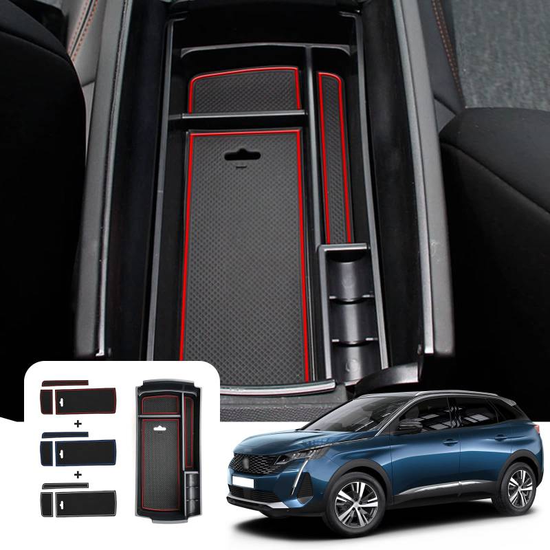 LFOTPP Für Peugeot 3008 5008 GT 2016 – 2023 2024 Innenkonsole Mittelkonsole Auto Armlehne Aufbewahrungsbox Tablett für Zubehör Auto (3 Matten in 3 Farben) von LFOTPP
