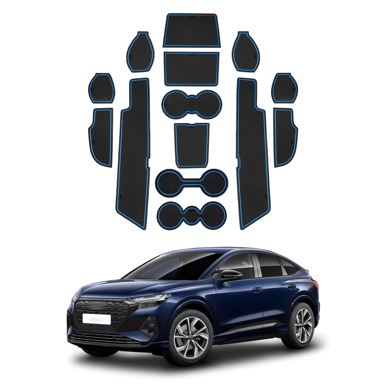 LFOTPP Kompatibel mit AUD-i Q4 Etron 2021-2024 2025 Antirutschmatten, Mittelkonsole Aufbewahrung Matten, Armlehne Becherhalter Anti-Staub Gummimatten Auto Zubehör (Blau) von LFOTPP