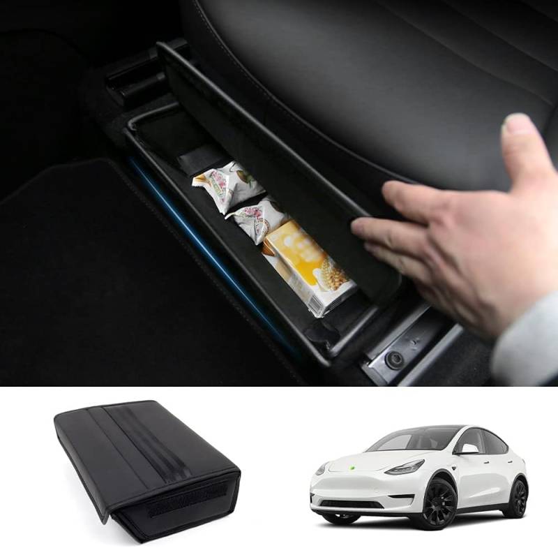 LFOTPP Kompatibel mit Tesla Model Y 2021 2022 2023 Organizer Unter dem Sitz, PU-Leder Zauberaufkleber Aufbewahrungsbox Tray Organizer Unter dem Fahrersitz und Beifahrersitz, Model Y Zubehör von LFOTPP