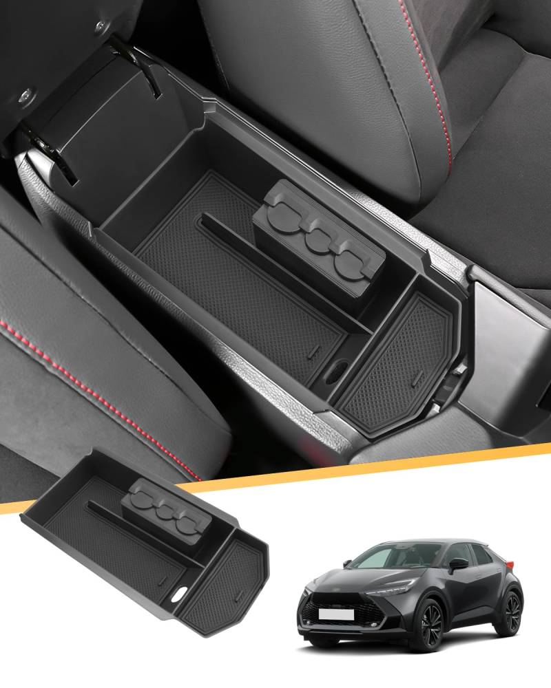 LFOTPP Kompatibel mit Toyota C-HR II Hybrid PHEV 2024 2025 2026 Mittelkonsole Aufbewahrungsbox, CHR AX20 Armlehne Organizer Tray Mittelarmlehne Handschuhfach Zubehör Storage Box (Schwarz) von LFOTPP