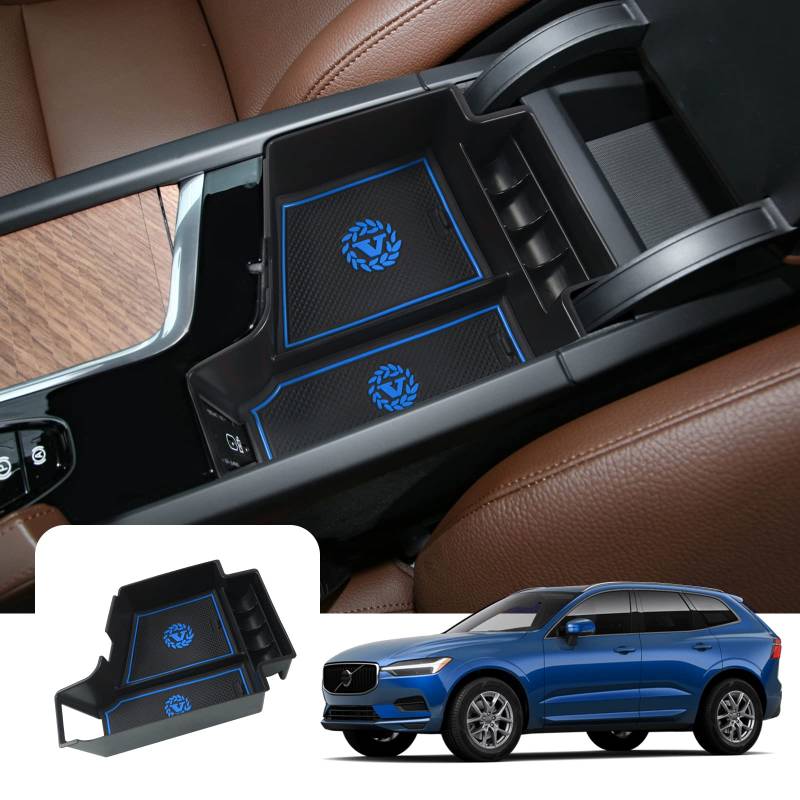 LFOTPP Kompatibel mit Volvo XC60 XC90 V60 S60 V90 S90 2017-2023 Mittelkonsolen Aufbewahrungsbox mit rutschfester Matte, Armlehnen Organizer, Auto Innenraum Zubehör (Blau) von LFOTPP