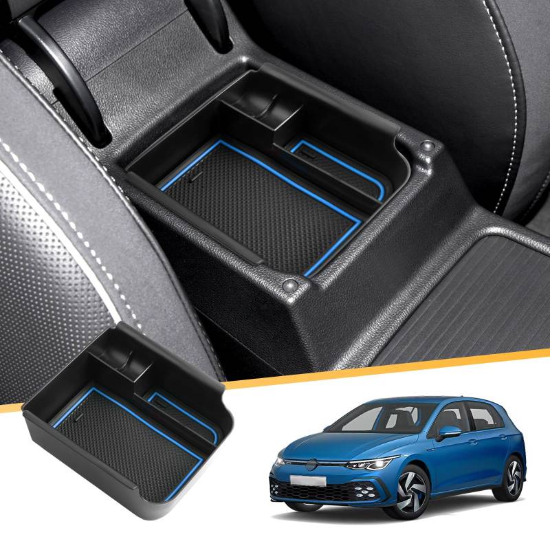 LFOTPP Mittelkonsole Aufbewahrungsbox Kompatibel mit V W Golf 8 MK8 8.5, Golf 8 8.5 ittelarmlehne Handschuhfach Organizer Tray mit Rutschfester Matte Zubehör (Blau) von LFOTPP