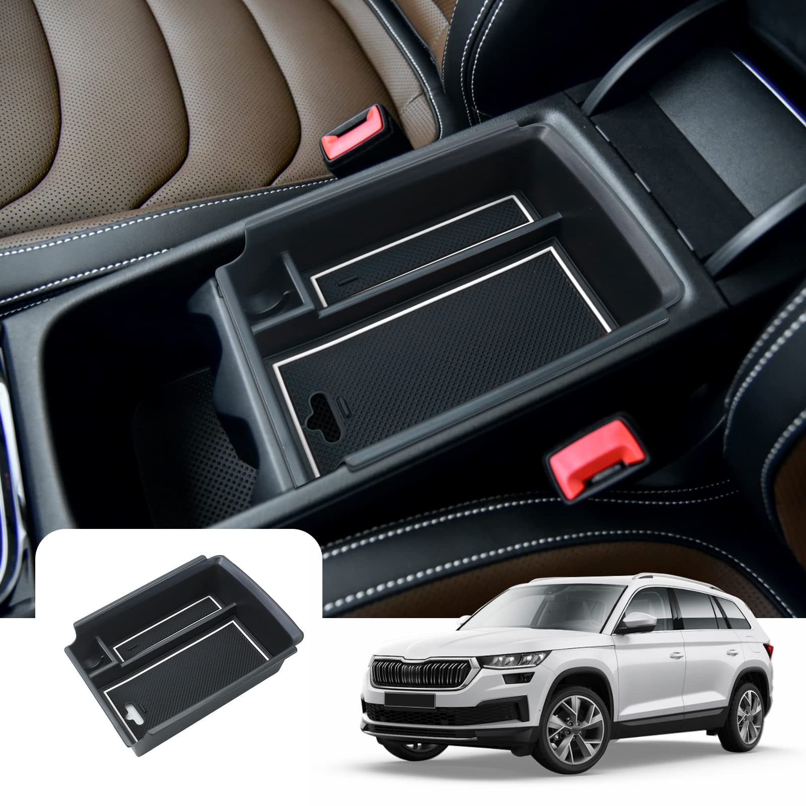 LFOTPP für Skod-a Kodiaq 2017-2023 Mittelkonsole Aufbewahrungsbox, Kodiaq Zubehör Mittelarmlehne Armlehne Organizer Tray Center Console Handschuhfach (Weiß) von LFOTPP