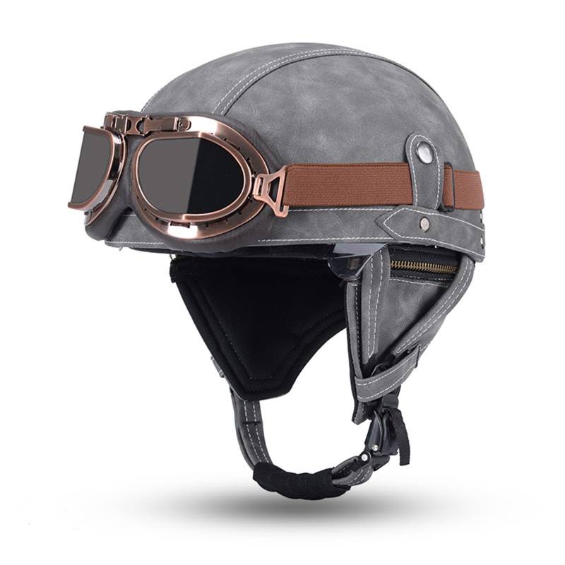Halbhelme Retro Leder Motorrad, Deutscher Stil Roller Cruiser Chopper Anti-Collision Helm, Abnehmbarer Gehörschutz, ECE Zertifiziert Verwenden Sie schlagfesten ABS- und EPS-Liner B,L=(59-60CM) von LHBM