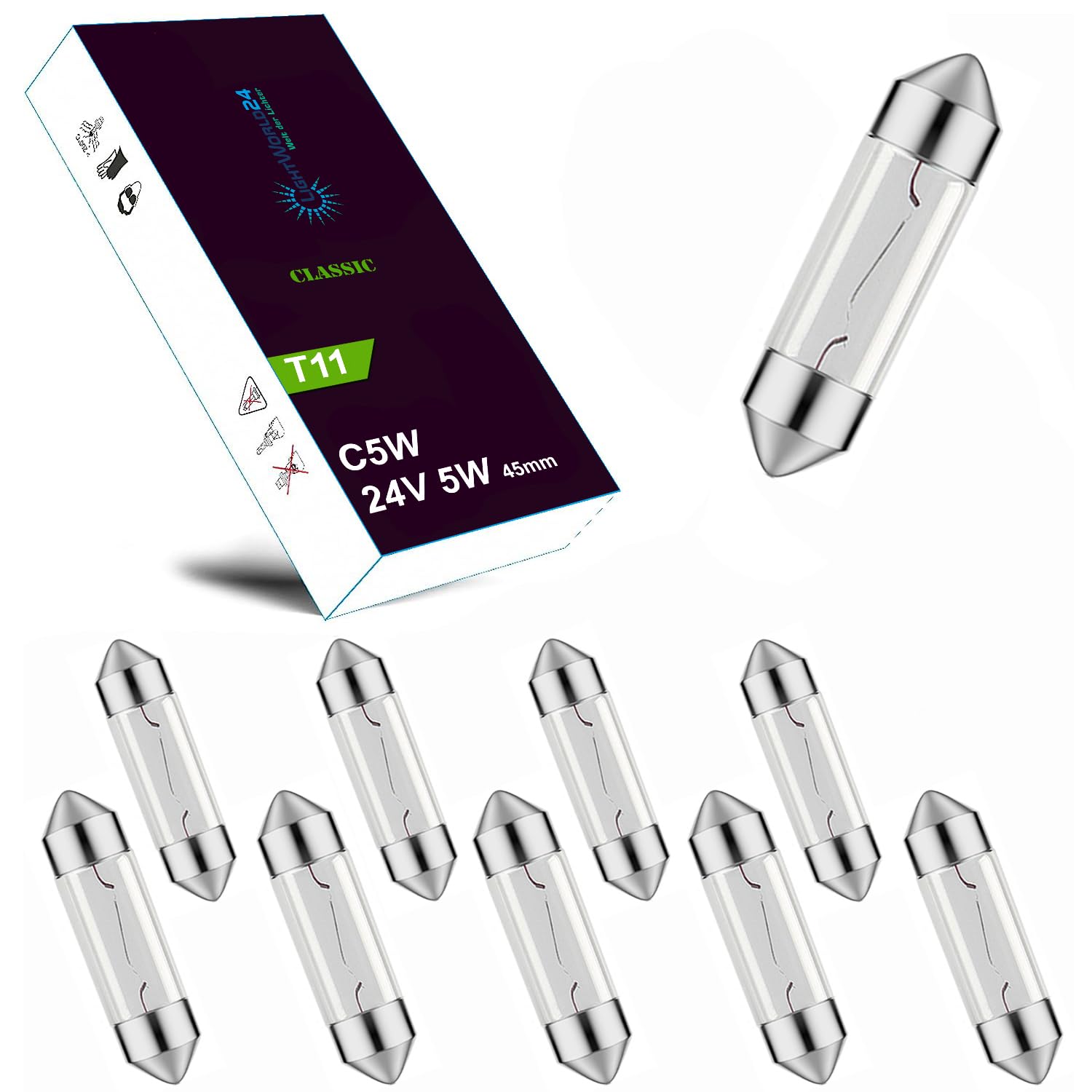 LIGHTWORLD24 10 x Soffitte 24V 5W C5W SV8,5 45mm Kennzeichenbeleuchtung Glühlampe Ersatzlampe für LKW BUS Innenraum LIGHTWORLD24 10 x Soffitte 24V 5W C5W SV8,5 45mm Kennzeichenbeleuchtung Glühlampe Ersatzlampe für LKW BUS Innenraum von LIGHTWORLD24 Welt der Lichter