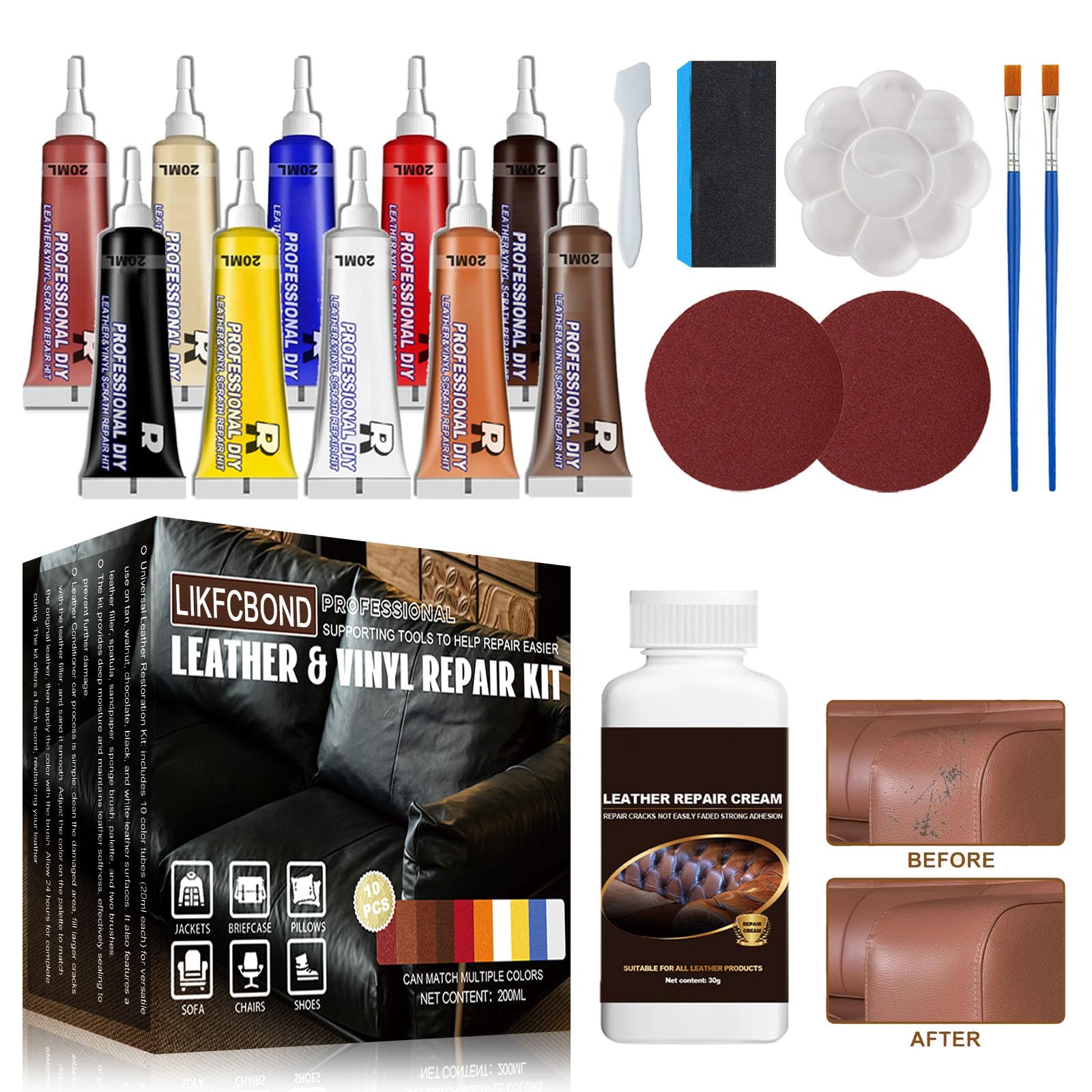 LIFKCBOND Leder Reparatur Kits, Lederreparatur Creme, Leder Reparatur Paste, Leder Lederfüller, Kratzer Reparatur Werkzeug, Lederrestaurator für Kratzer Reparatur Sofas, Autositze, Jacken (10 Farbe) LIFKCBOND Leder Reparatur Kits, Lederreparatur Creme, Leder Reparatur Paste, Leder Lederfüller, Kratzer Reparatur Werkzeug, Lederrestaurator für Kratzer Reparatur Sofas, Autositze, Jacken (10 Farbe) von LIKFCBOND
