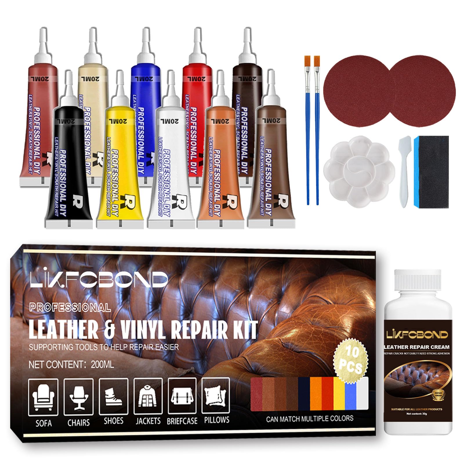 LIKFCBOND Lederreparatur Creme, Kunstleder Reparaturset, 10 Farben Leder Reparatur Set für Ledersofa, Autositze, Möbel, Mäntel, Lederjacke, Lederpflege (10 Farbe) von LIKFCBOND