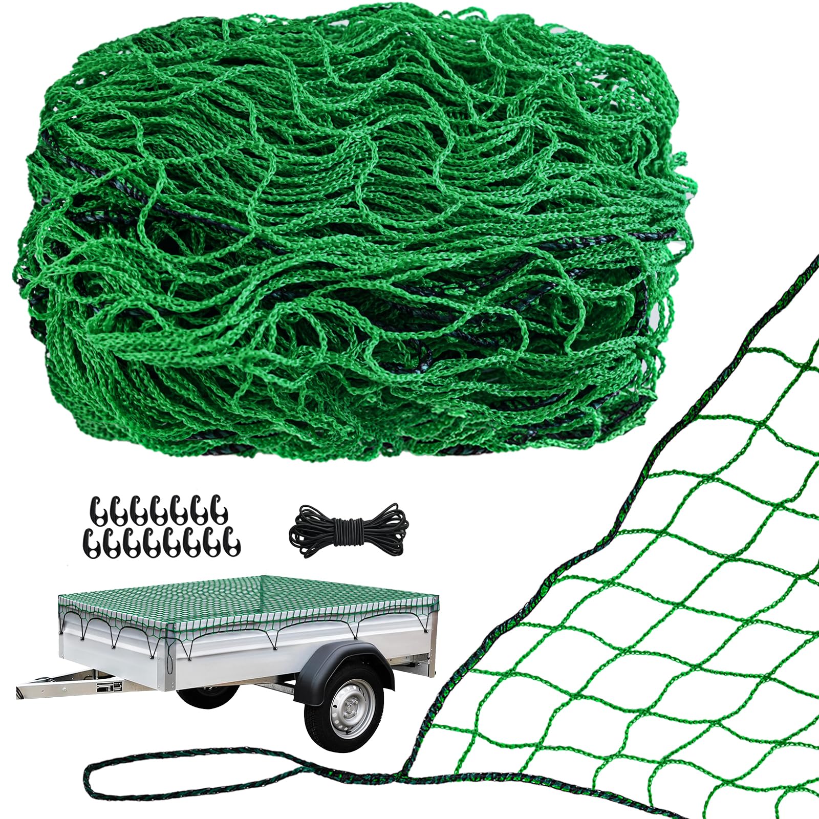 LINSOCLE Anhängernetz 1.5 x 2.2 m, Ladungssicherungsnetz, Ranknetz, Grün Masche 4,5 x 4,5 cm, Langlebigkeit und Zuverlässigkeit, Mit Haken und Gummiseil, zur Optimalen Ladungssicherung von LINSOCLE