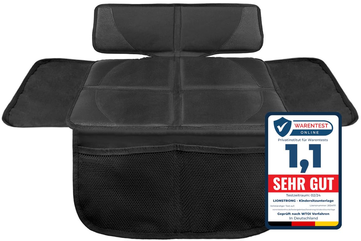 LIONSTRONG® Kindersitzunterlage Autositzschoner [ISOFIX GEEIGNET] - wasserabweisender Polyester Stoff - Sitzschutz Sitzschoner Auto Kindersitz - universell kompatibel (Schwarz, klein) von LIONSTRONG