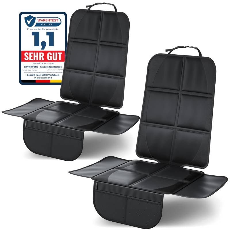 LIONSTRONG® Kindersitzunterlage Autositzschoner [ISOFIX GEEIGNET] - wasserabweisender Polyester Stoff schwarz - Sitzschutz Sitzschoner Auto Kindersitz - universell kompatibel (Schwarz, 2 Stück) von LIONSTRONG