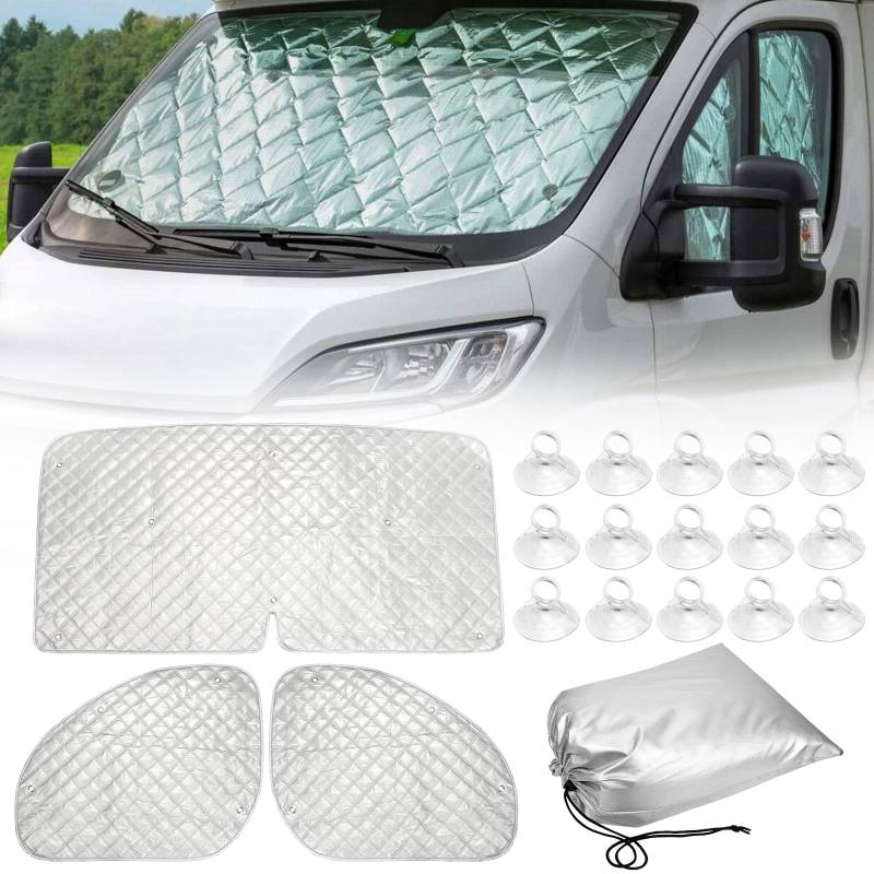 Frontscheibenabdeckung Auto Sonnenschutz Innen Thermomatte Fahrerhaus passend für FIAT Ducato 2006-2021, 3 Teiligs Technology Thermomatte Windschutzscheiben Abdeckung Sonnenblende Winter von LIROPAU
