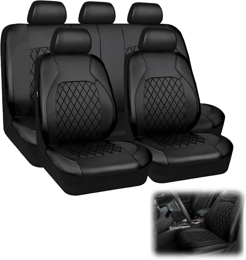 LIROPAU Sitzbezüge Auto Vordersitze 9 Stück, Universal PU Leder Autositzbezüge, Auto-Schonbezüge für die Vordersitze & Rückbank mit Airbag für Autos, SUVs, Limousinen & LKWs, Schwarz von LIROPAU