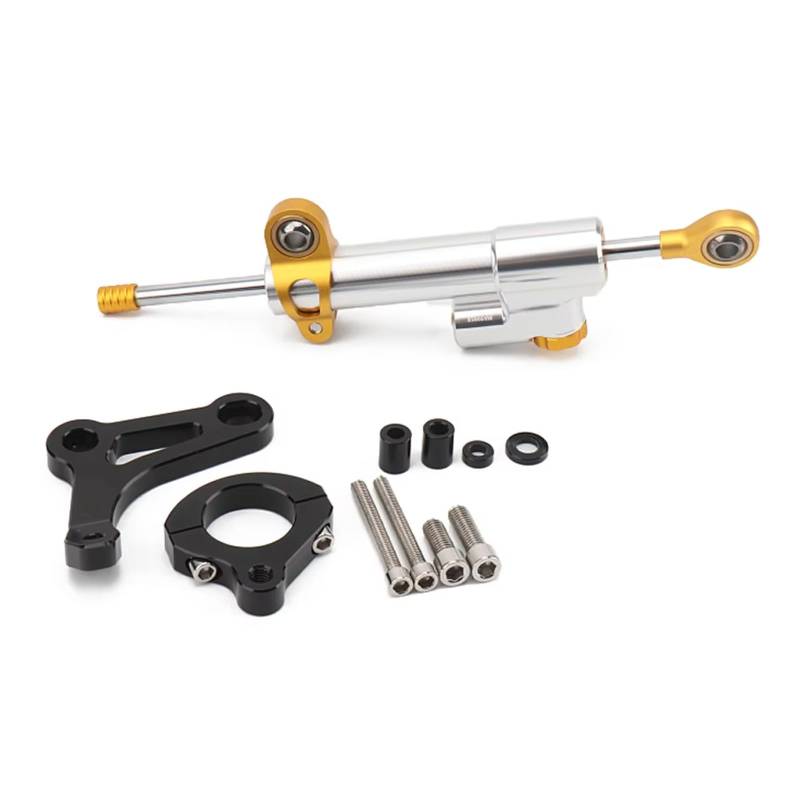 LISROEU Lenkungsstabilisator Kompatibel Mit Yamaha Für X-MAX300 2017–2023 2022 2021 Motorrad Lenkungsdämpfer Stabilisator Halterungssatz Universelles Zubehör(Silver-Yellow) von LISROEU