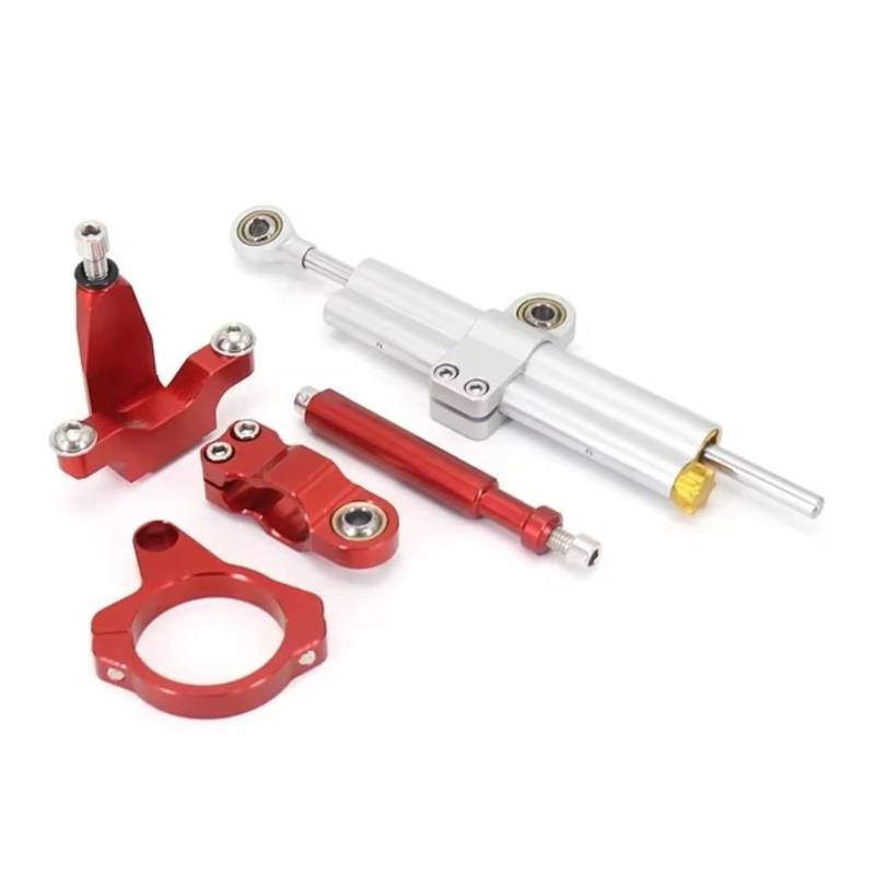 LISROEU Lenkungsstabilisator Kompatibel Mit Yamaha Für YZFR7 2021 2022 2023 Motorrad Lenkungsdämpfer Stabilisator Lenkerstabilisator Halterungssatz Teile Universal(Silver-Red) von LISROEU