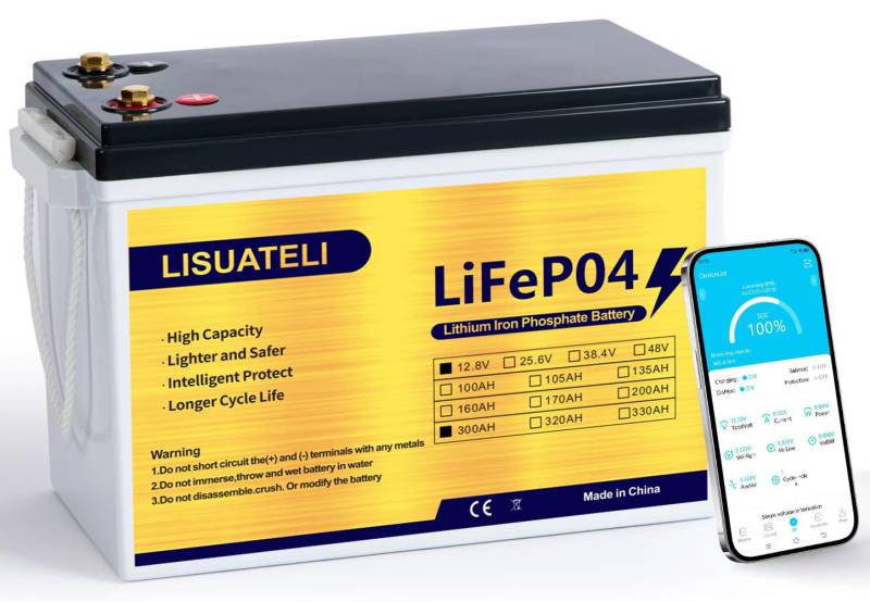 LISUATELI 12V 300Ah LiFePO4 Lithium Batterie, Bluetooth Integriertes 200A BMS, MAX. 3840Wh Leistung, 10 Jahre und 8000+Zyklen Deep Cycle Lithium Akku Perfekt für Wohnmobil, Solaranlage, Trolling Motor von LISUATELI