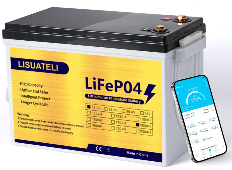 LISUATELI Mini 12V 200Ah LiFePO4 Batterie mit Bluetooth 200A BMS Low Temperature Schutz und Max. 15000 Zyklens, 2560Wh Lithium Akku 12V für Wohnmobil,Solaranlage Komplettset,Boot von LISUATELI