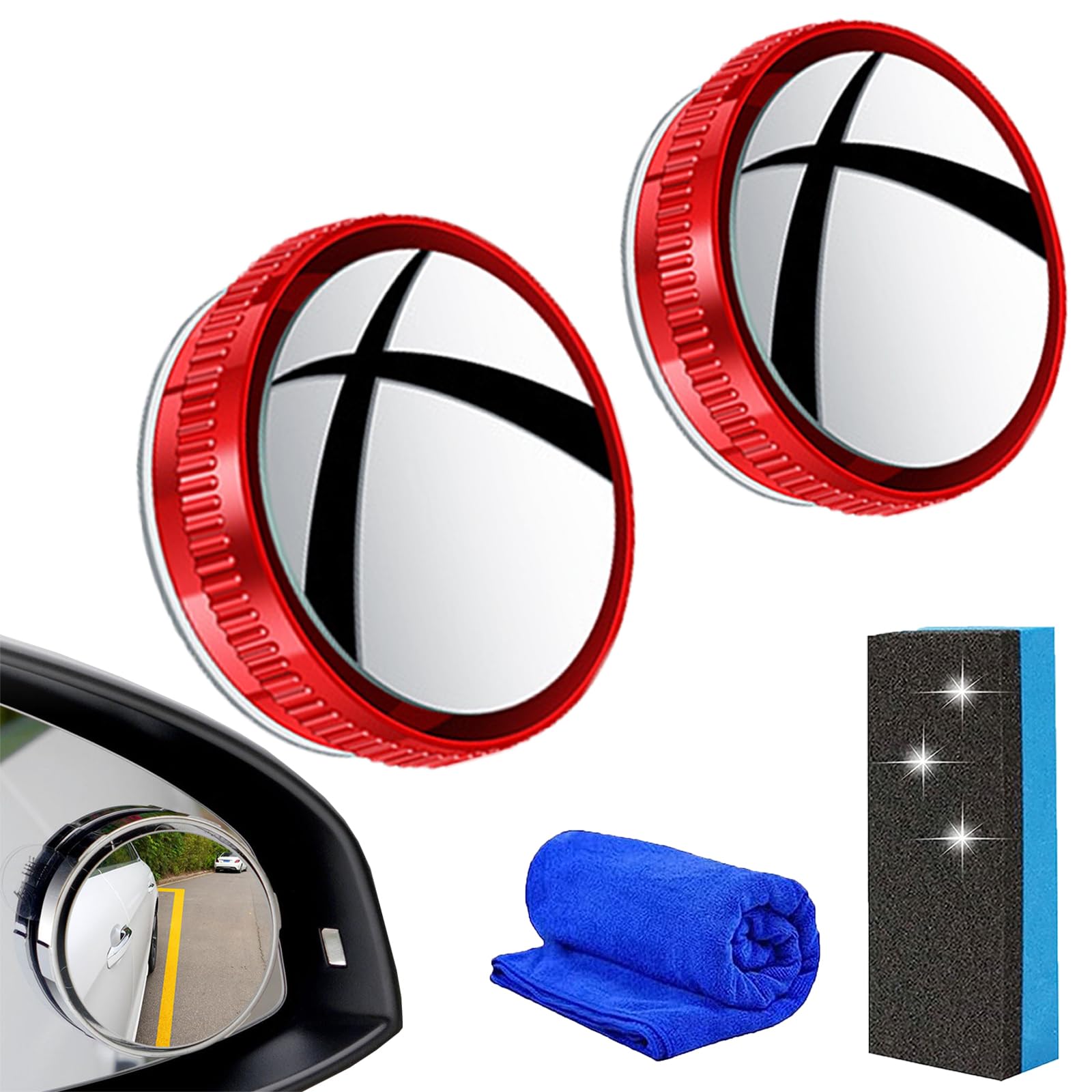 LLELEMAMO Suction Cup Car Convex Blind Spot Mirror (1 Set / 2 Pcs), 2024 New Blind Spot Mirror with 360° Wide Angle Adjustable, 2" Round HD Glass Convex Rear View Mirrors for Car SUV and Trucks (Red) von LLELEMAMO