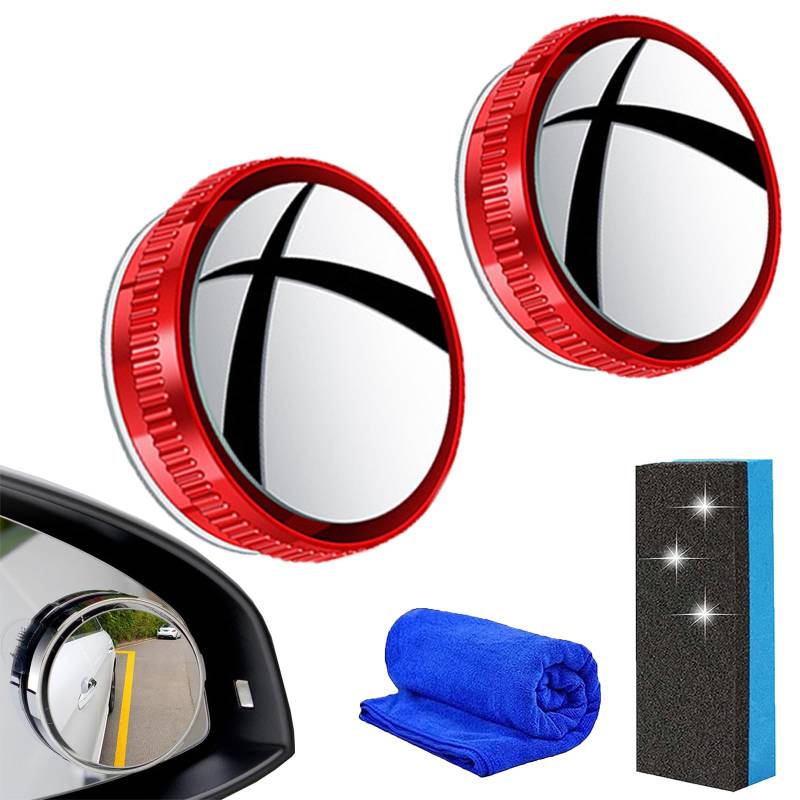 LLELEMAMO Suction Cup Car Convex Blind Spot Mirror (1 Set / 2 Pcs), 2024 New Blind Spot Mirror with 360° Wide Angle Adjustable, 2" Round HD Glass Convex Rear View Mirrors for Car SUV and Trucks (Red) von LLELEMAMO