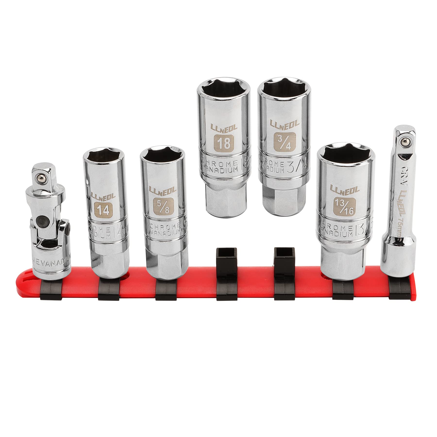 LLNEDL Zündkerzensteckschlüssel-Satz, 3/8-Zoll-Antrieb Zündkerzensteckschlüssel Cr-V 7-teilig, 6-Punkt, SAE&Metrisch(5/8",3/4",13/16",14mm,18mm,Kardangelenk,Verlängerungsstange) für Auto/Gartengeräte von LLNEDL