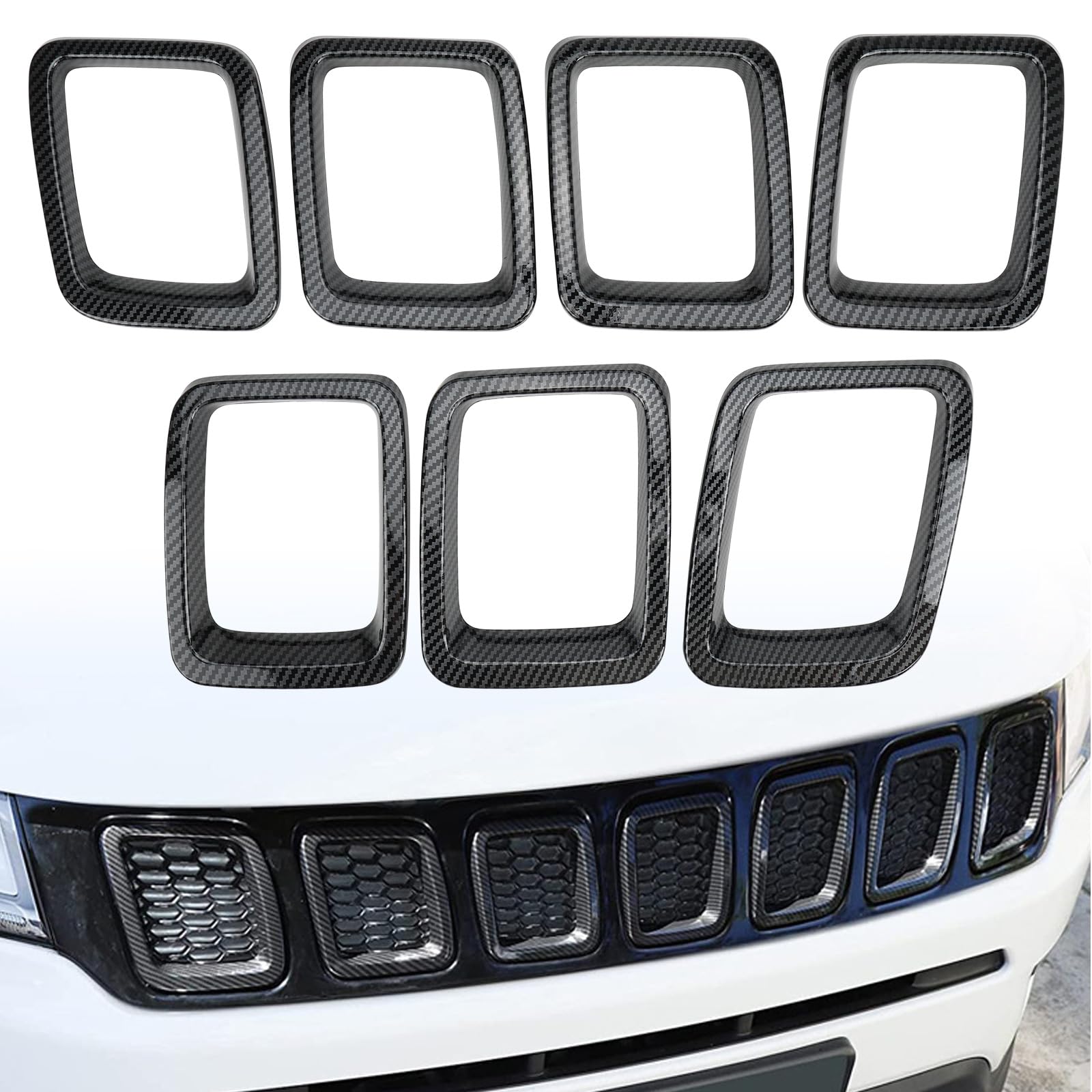 Vordere Stoßstangenringe Grill-Einsatz Trim Abdeckung kompatibel mit Jeep Compass MP 2017-2020 Kühlergrill Abdeckungen Fügt Rahmenblenden ein, 7 Stück (Kohlenstoffmuster) von LMYDIDO