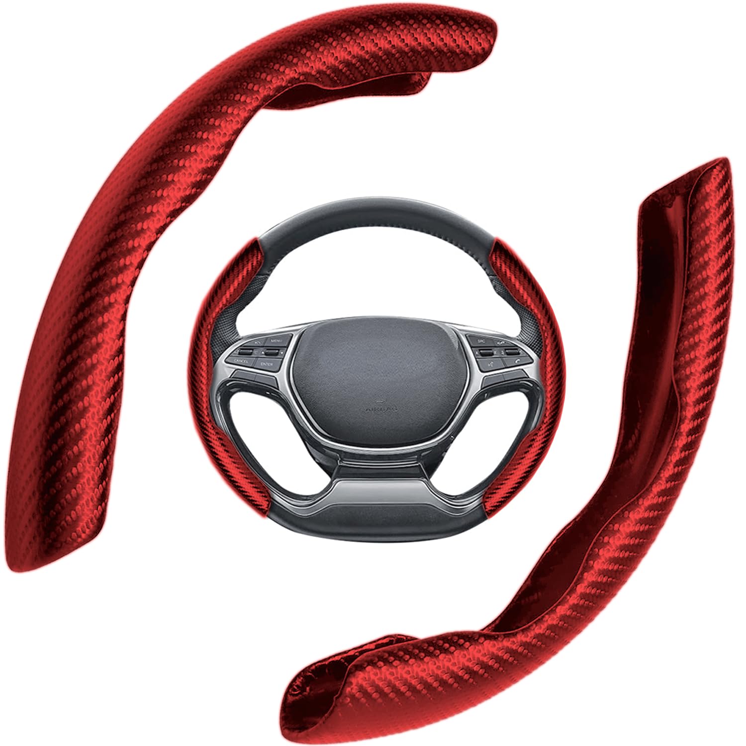 Lenkradhülle für Autos, 2 Stück, 36-40 cm, Kohlefaser, rutschfest, ultraleicht, universelles Autozubehör, für die meisten Autos (rot) von LNGJIN