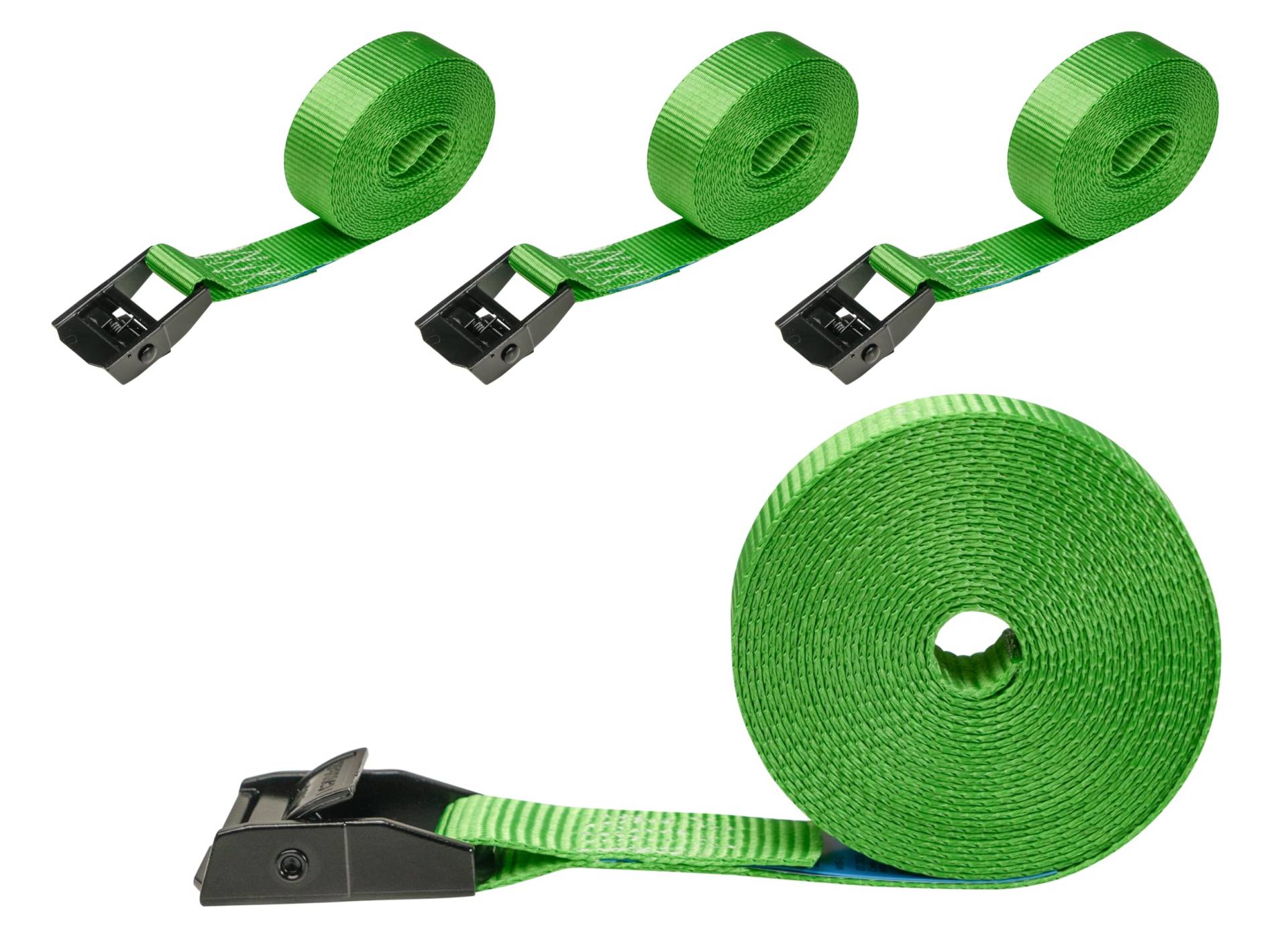 LOADCARE 4er Set Spanngurte mit Klemmschloss Befestigungsgurt Schnellspanngurt 25mm breit Klemmschlossgurt einteiliger Zurrgurt 350daN (Grün mit schwarzem Klemmschloss, 4 m) von LOADCARE